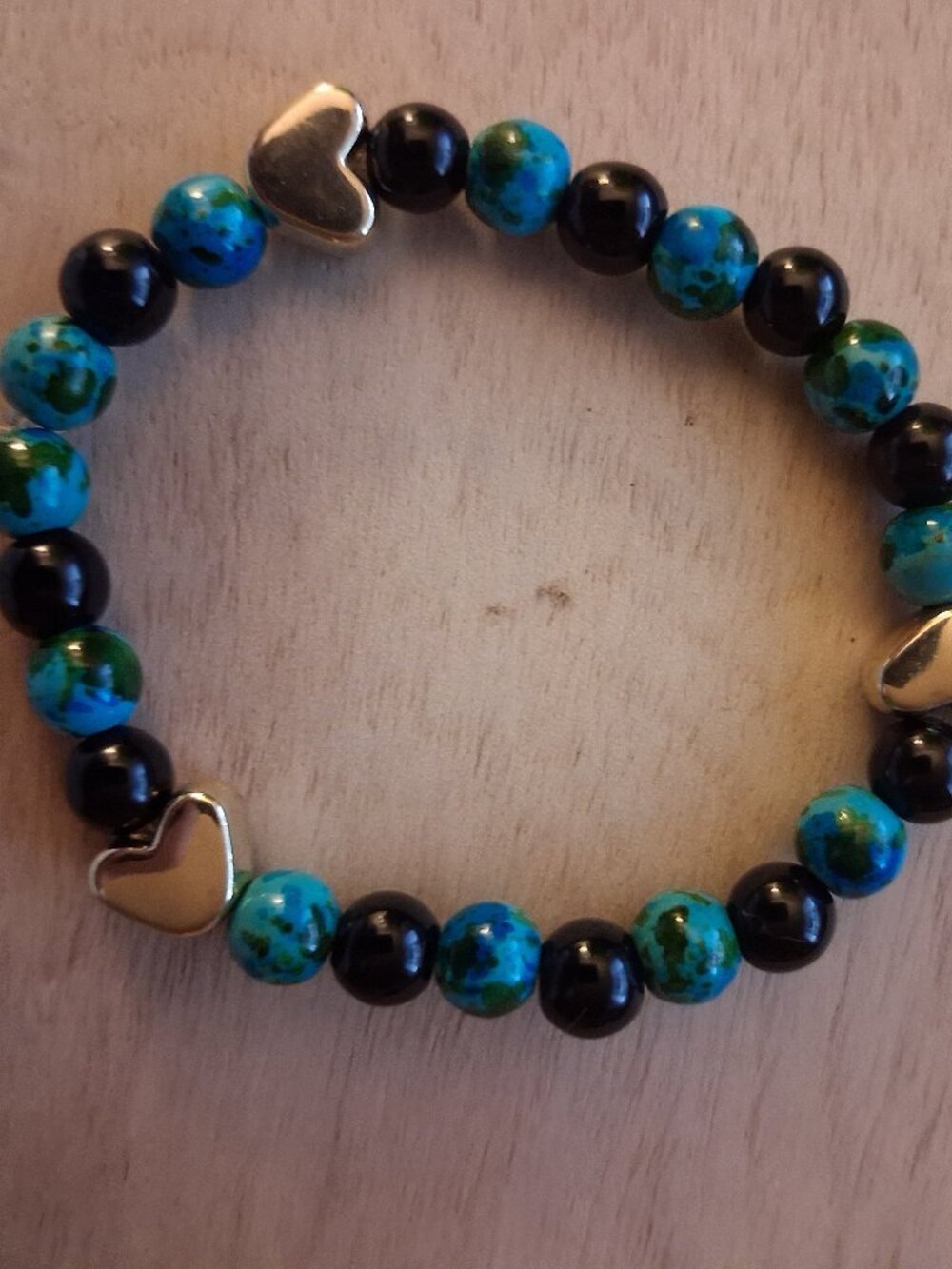 Handmade Turquoise & Black Beaded Bracelet | Triple Gold Heart Charm